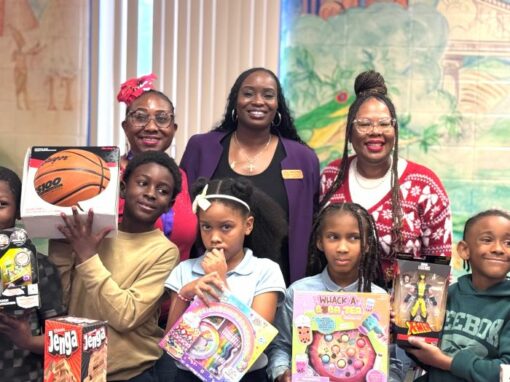 Tambria Jennings, Clerk Chanae Clemons, Principal Monica Goree and students