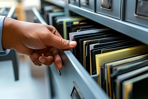 Filing cabinet partially opened by a woman's hand